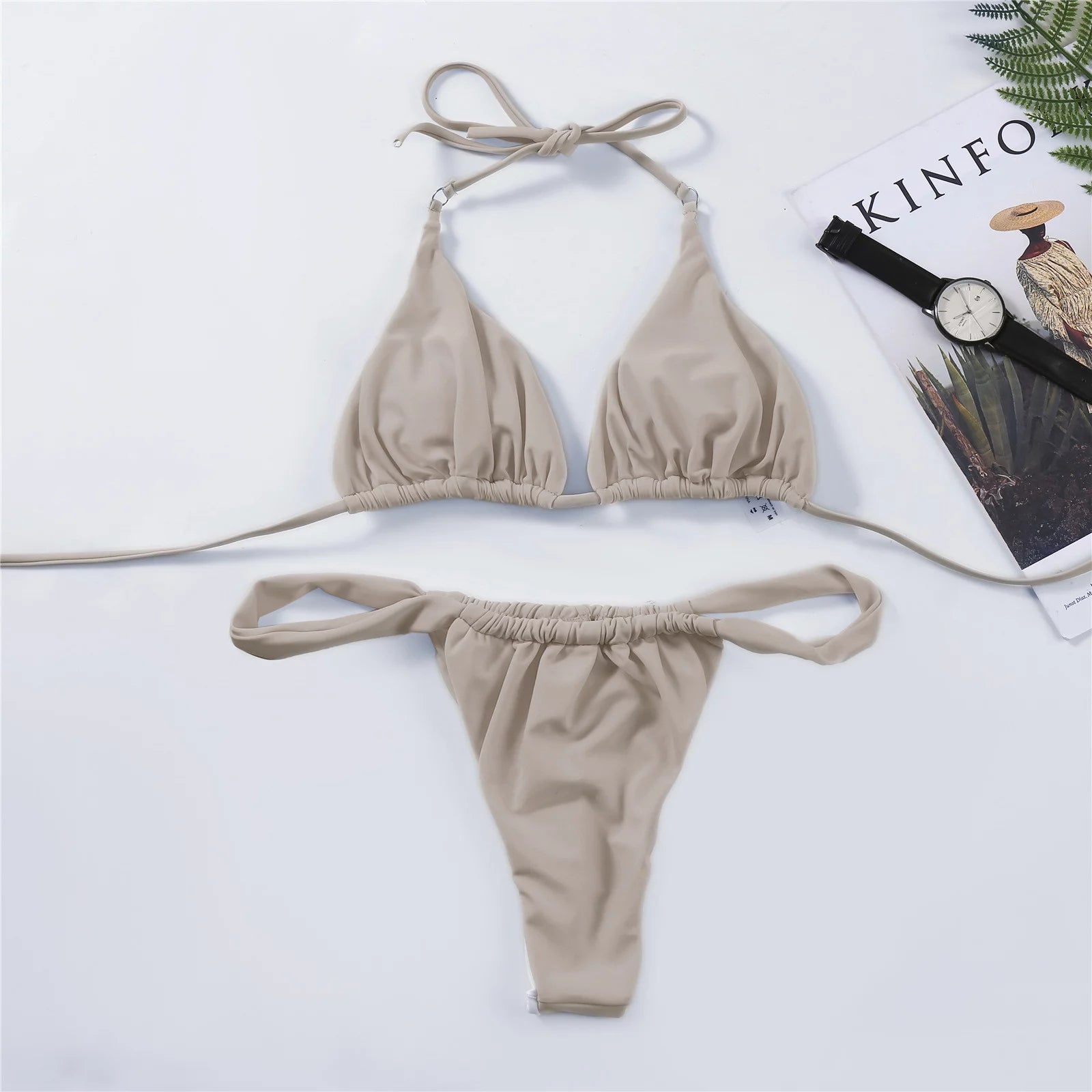 Ladies Lace up Halter Solid Push up Strap High Cut Bikini Swimsuit Sets Two Piece Swimwear for Women